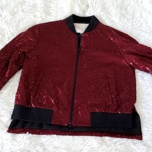 BURGUNDY SEQUINS ZIP UP BOXY JACKET XS